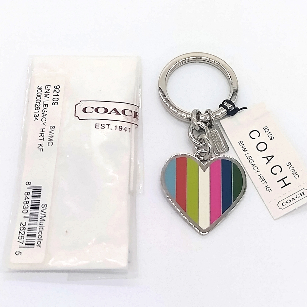 RARE NWT COACH Legacy Signature Rainbow Stripe Fob Keychain Purse Charm #92109
